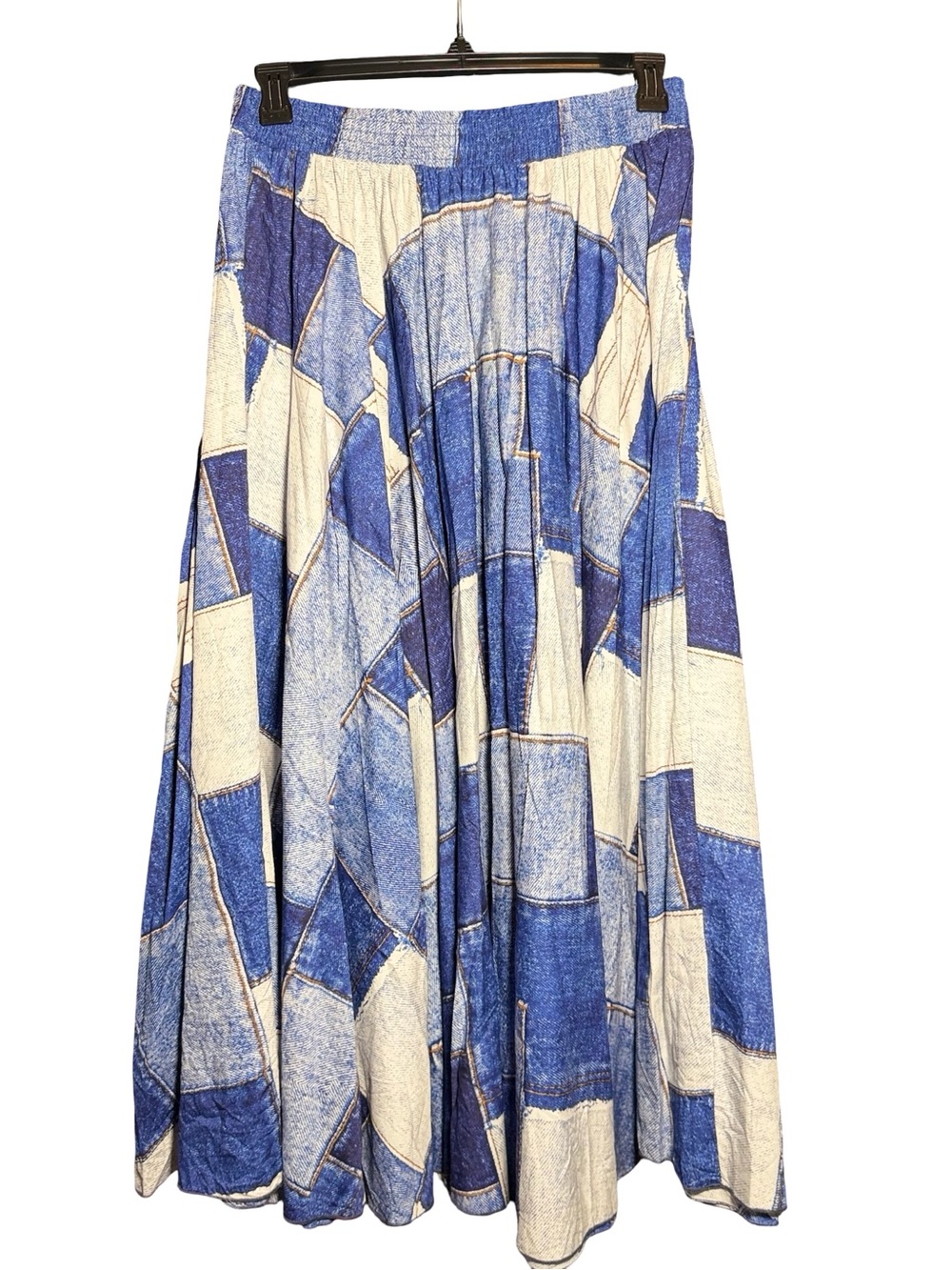 Cotton95% Blue & White Denim Printed Maxi Skirt